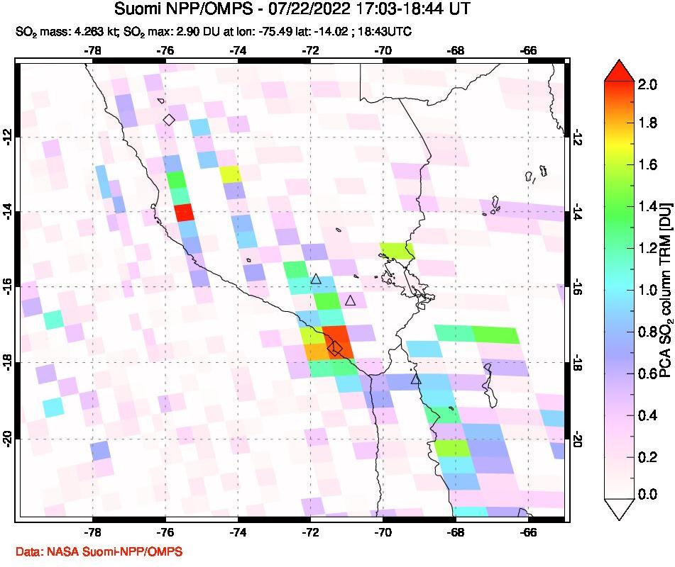 A sulfur dioxide image over Peru on Jul 22, 2022.
