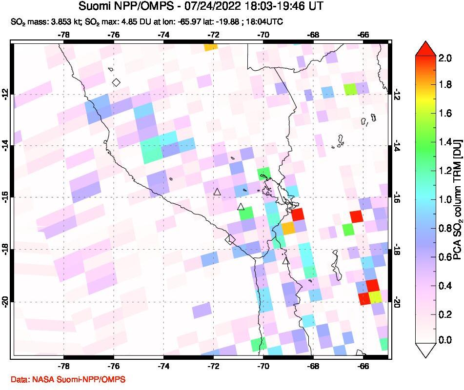 A sulfur dioxide image over Peru on Jul 24, 2022.
