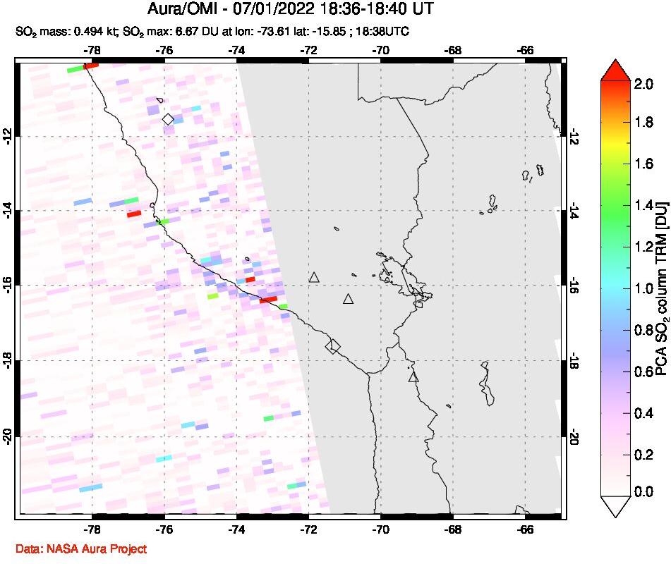 A sulfur dioxide image over Peru on Jul 01, 2022.