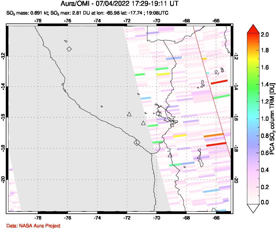 A sulfur dioxide image over Peru on Jul 04, 2022.