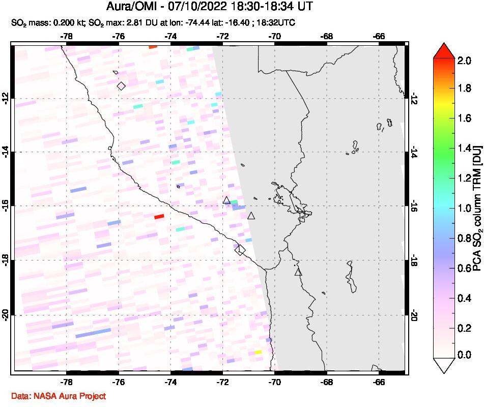 A sulfur dioxide image over Peru on Jul 10, 2022.
