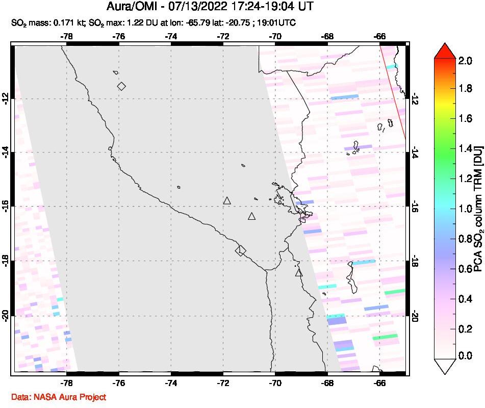 A sulfur dioxide image over Peru on Jul 13, 2022.