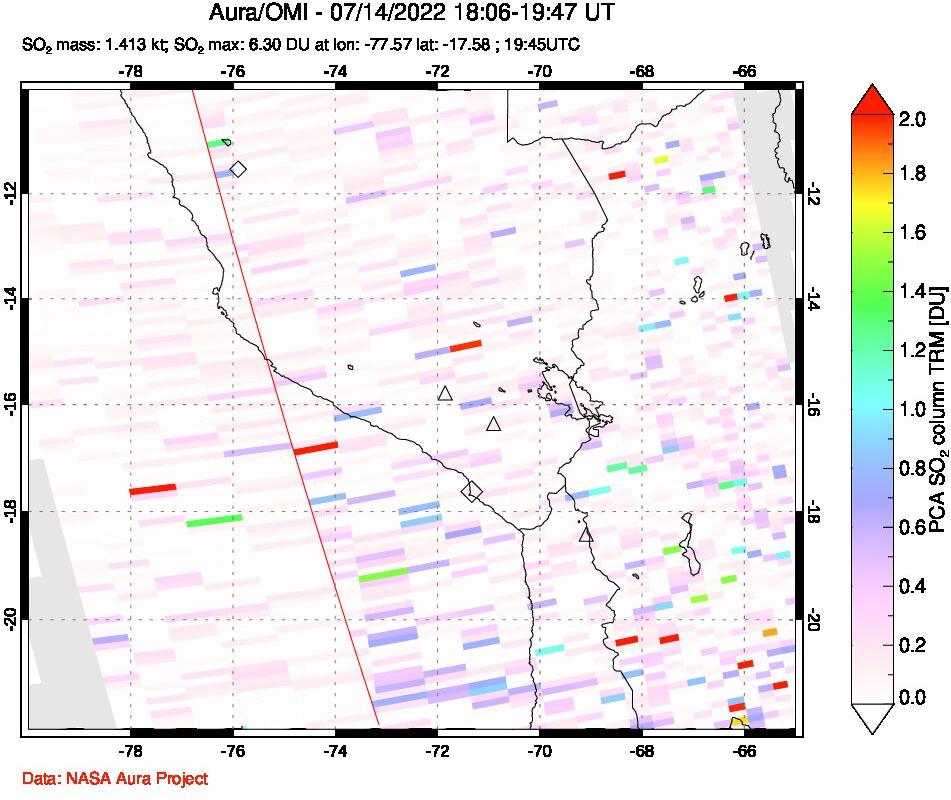 A sulfur dioxide image over Peru on Jul 14, 2022.