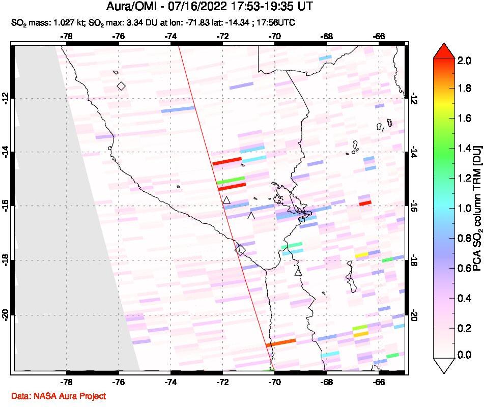 A sulfur dioxide image over Peru on Jul 16, 2022.
