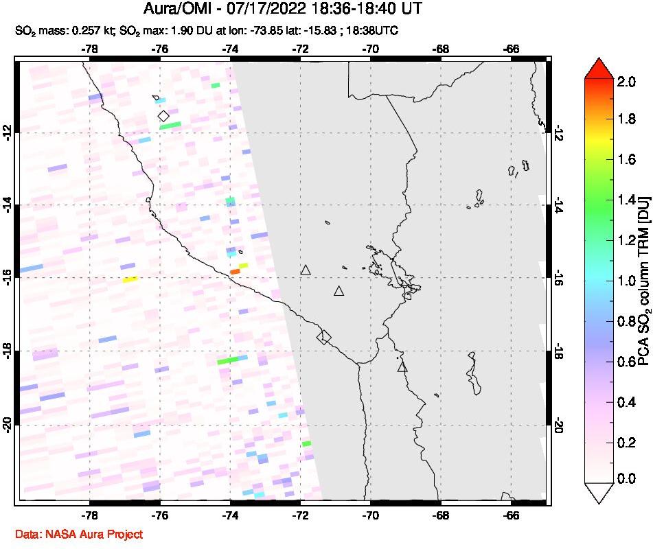 A sulfur dioxide image over Peru on Jul 17, 2022.