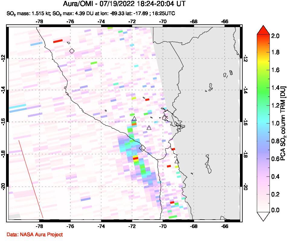 A sulfur dioxide image over Peru on Jul 19, 2022.