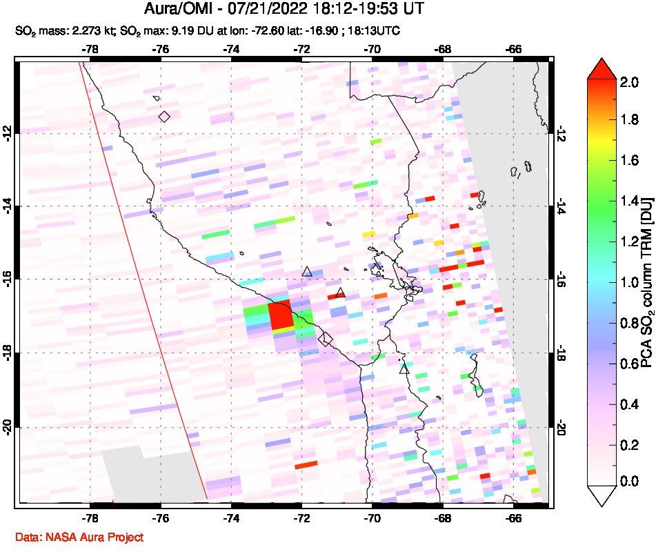A sulfur dioxide image over Peru on Jul 21, 2022.