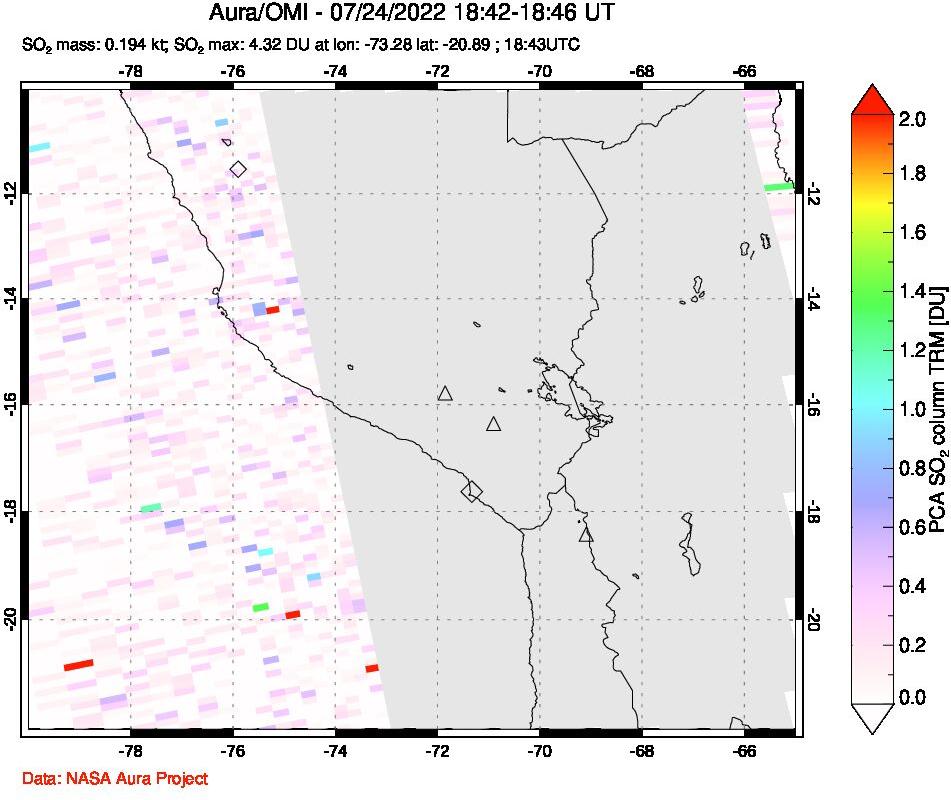 A sulfur dioxide image over Peru on Jul 24, 2022.