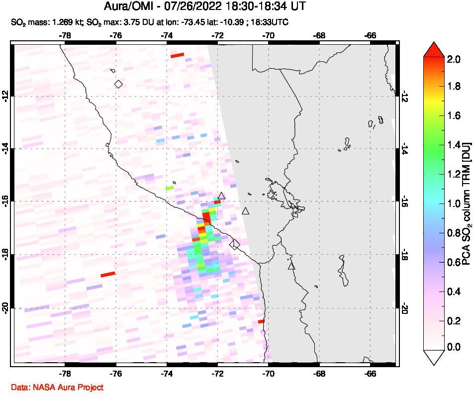 A sulfur dioxide image over Peru on Jul 26, 2022.