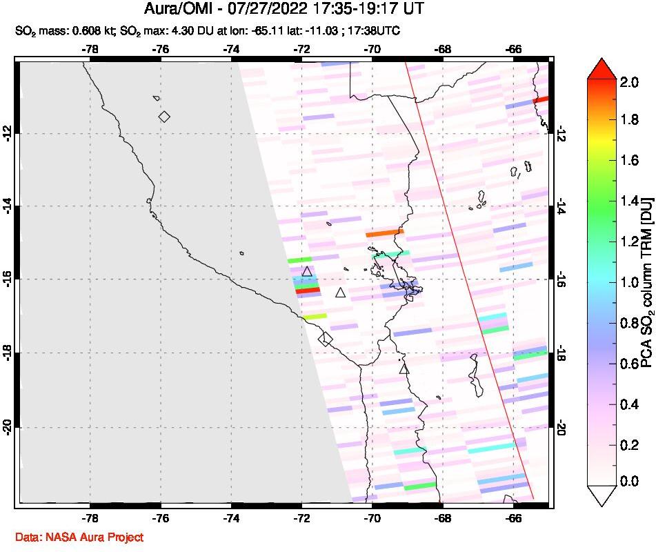 A sulfur dioxide image over Peru on Jul 27, 2022.