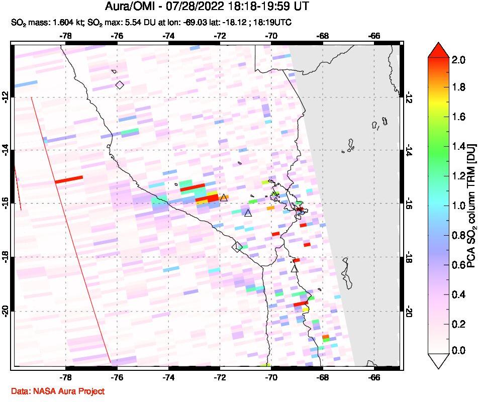 A sulfur dioxide image over Peru on Jul 28, 2022.