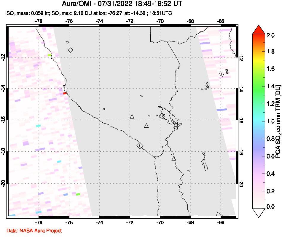 A sulfur dioxide image over Peru on Jul 31, 2022.