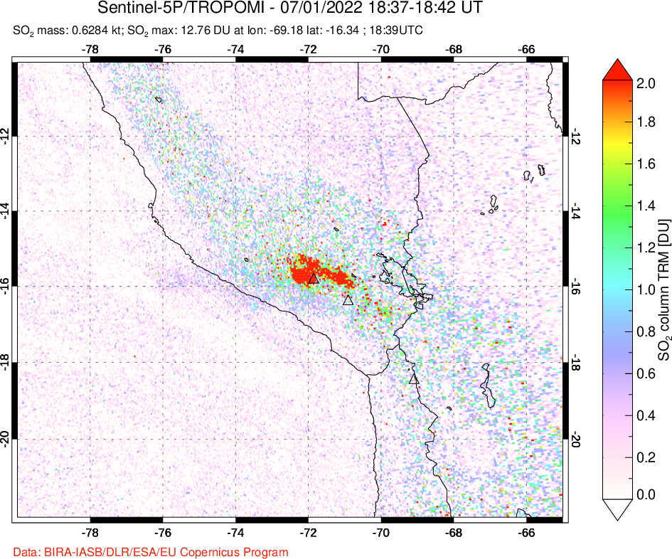 A sulfur dioxide image over Peru on Jul 01, 2022.