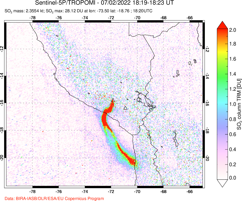 A sulfur dioxide image over Peru on Jul 02, 2022.