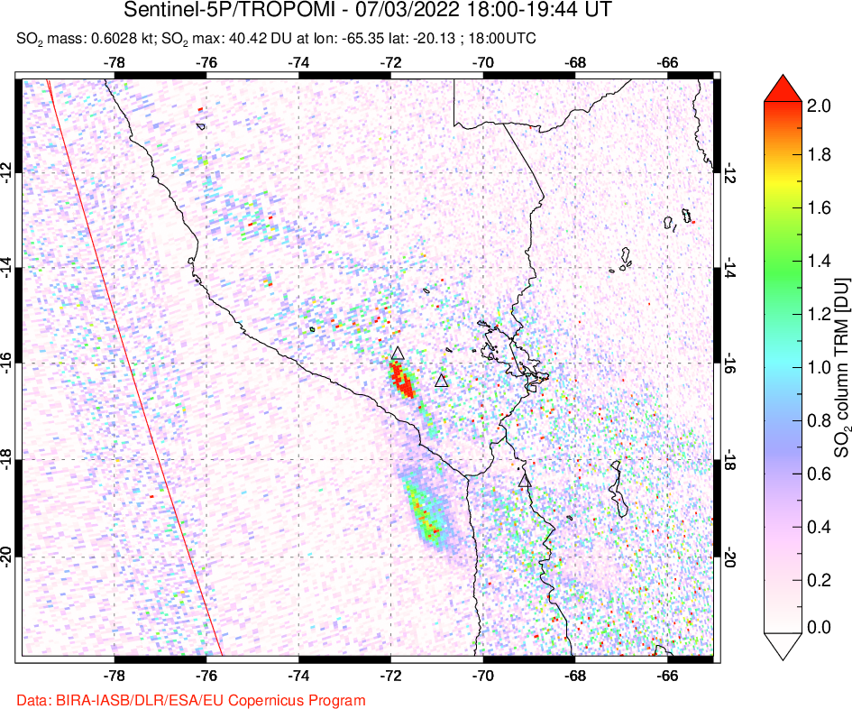 A sulfur dioxide image over Peru on Jul 03, 2022.
