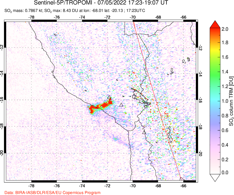 A sulfur dioxide image over Peru on Jul 05, 2022.