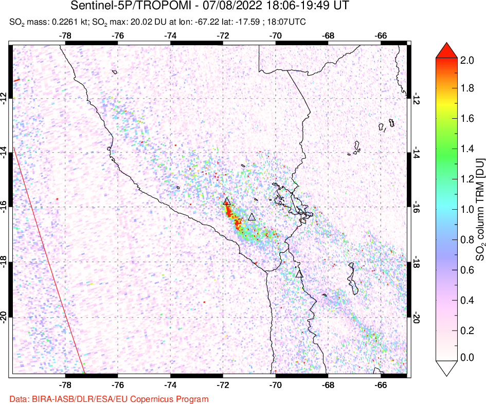 A sulfur dioxide image over Peru on Jul 08, 2022.