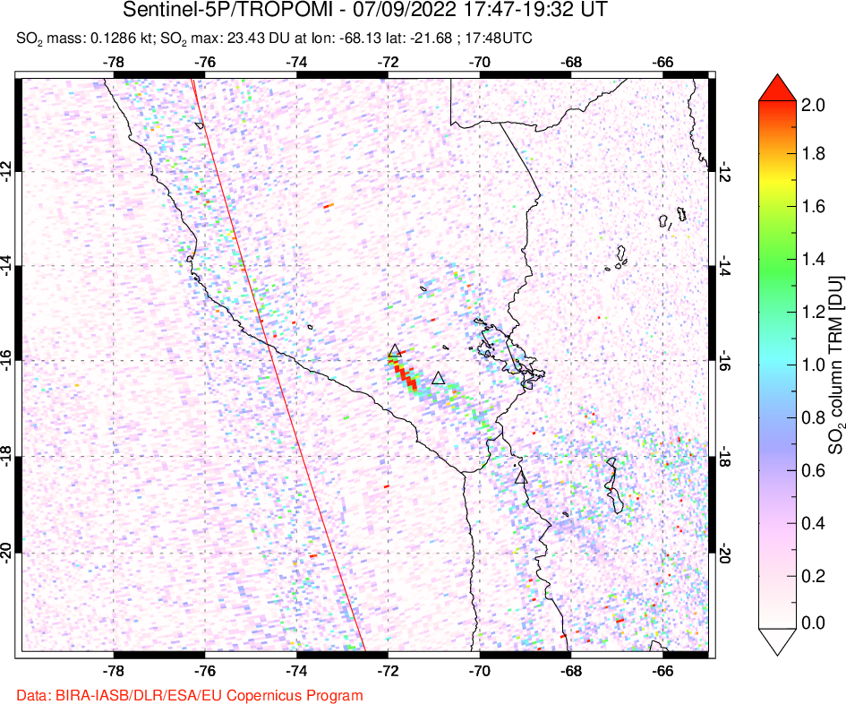 A sulfur dioxide image over Peru on Jul 09, 2022.