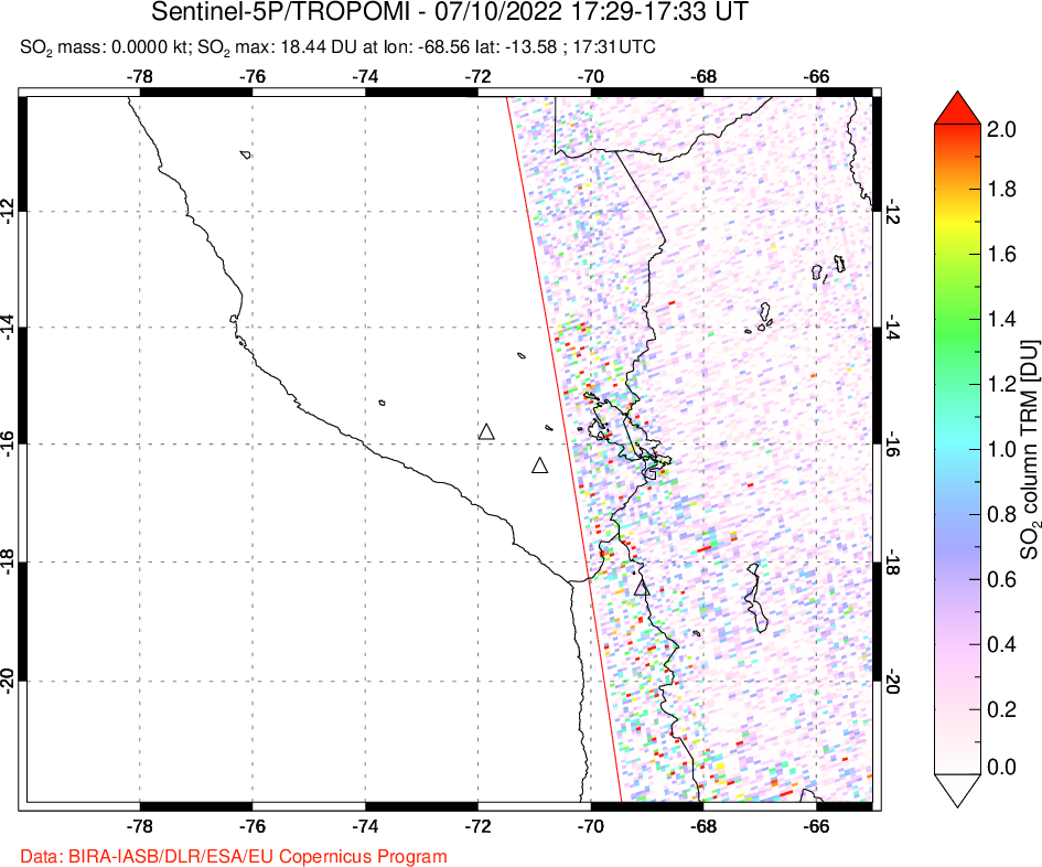 A sulfur dioxide image over Peru on Jul 10, 2022.