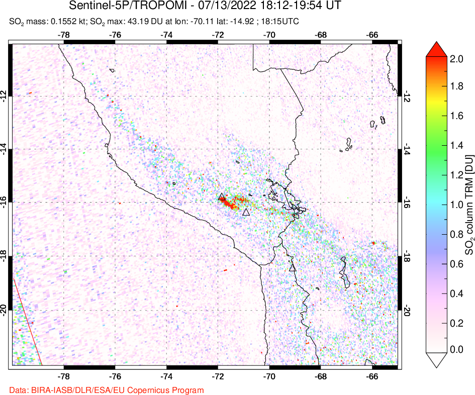 A sulfur dioxide image over Peru on Jul 13, 2022.