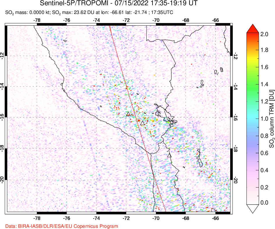 A sulfur dioxide image over Peru on Jul 15, 2022.