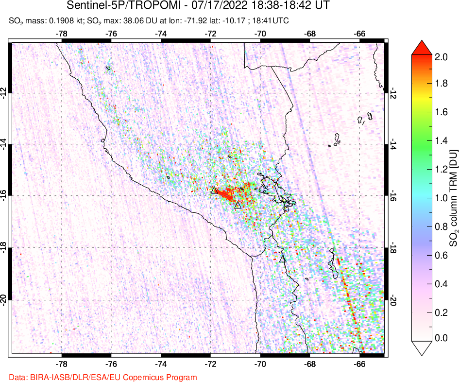 A sulfur dioxide image over Peru on Jul 17, 2022.