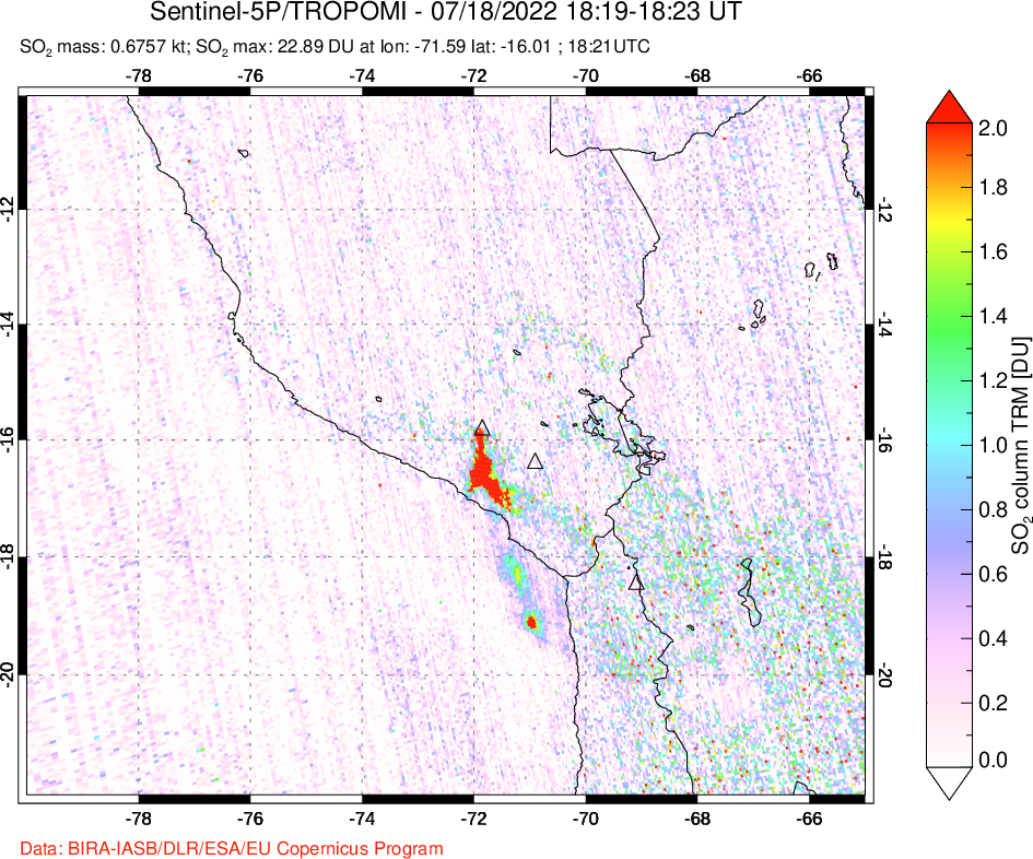 A sulfur dioxide image over Peru on Jul 18, 2022.