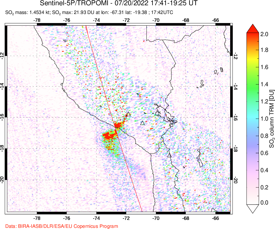 A sulfur dioxide image over Peru on Jul 20, 2022.