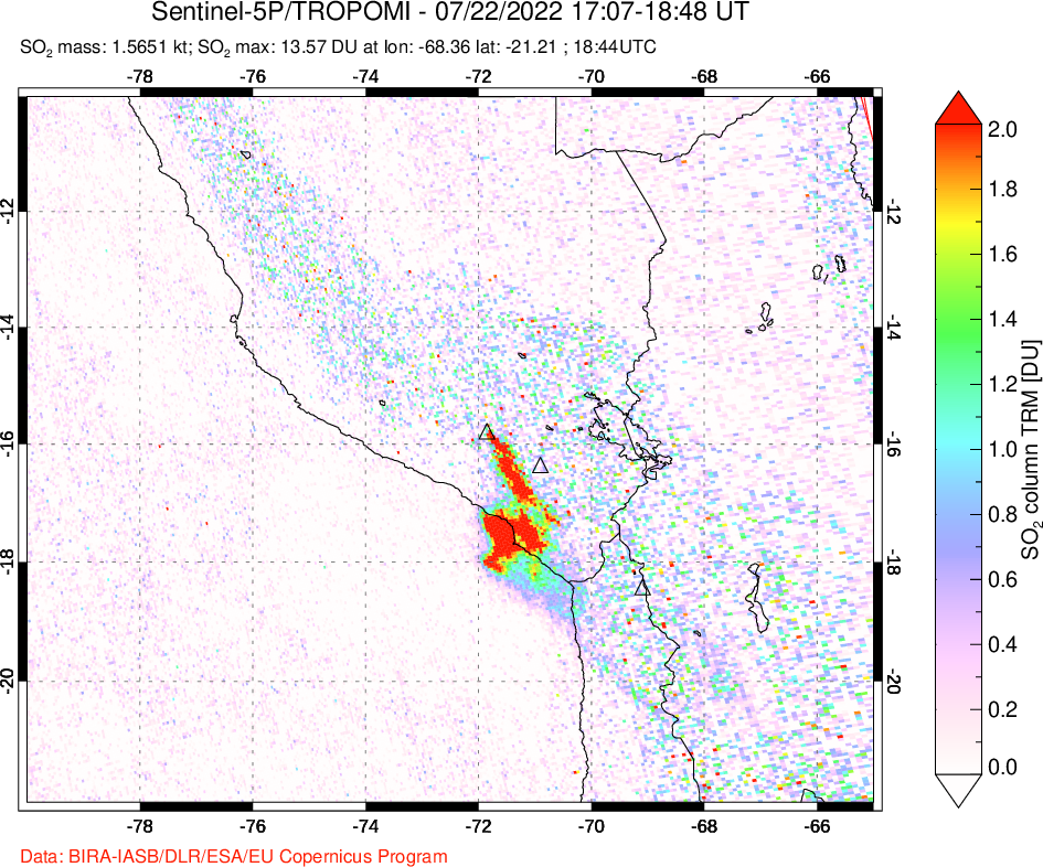A sulfur dioxide image over Peru on Jul 22, 2022.