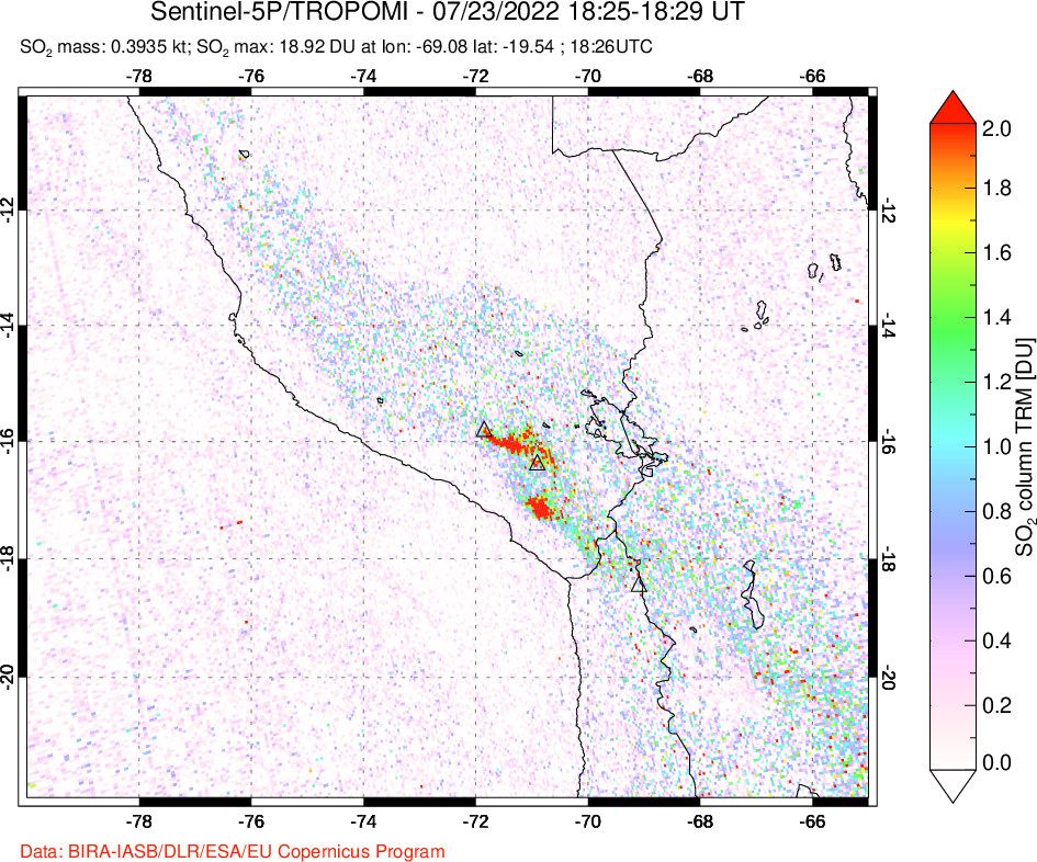 A sulfur dioxide image over Peru on Jul 23, 2022.