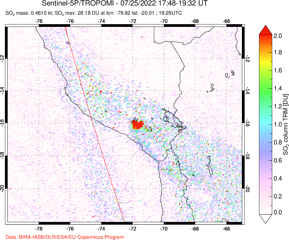 A sulfur dioxide image over Peru on Jul 25, 2022.
