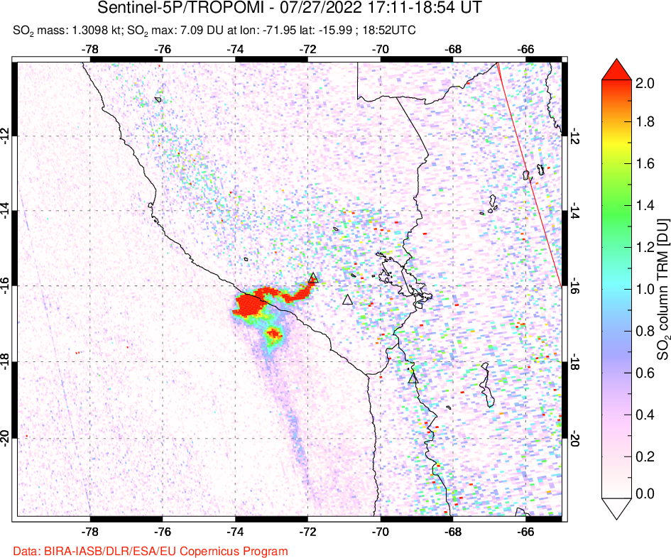 A sulfur dioxide image over Peru on Jul 27, 2022.