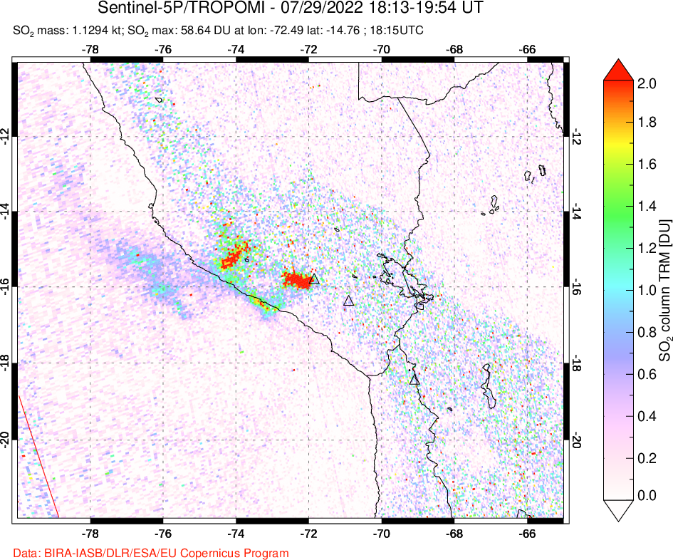 A sulfur dioxide image over Peru on Jul 29, 2022.
