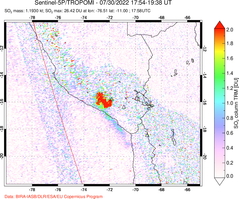 A sulfur dioxide image over Peru on Jul 30, 2022.