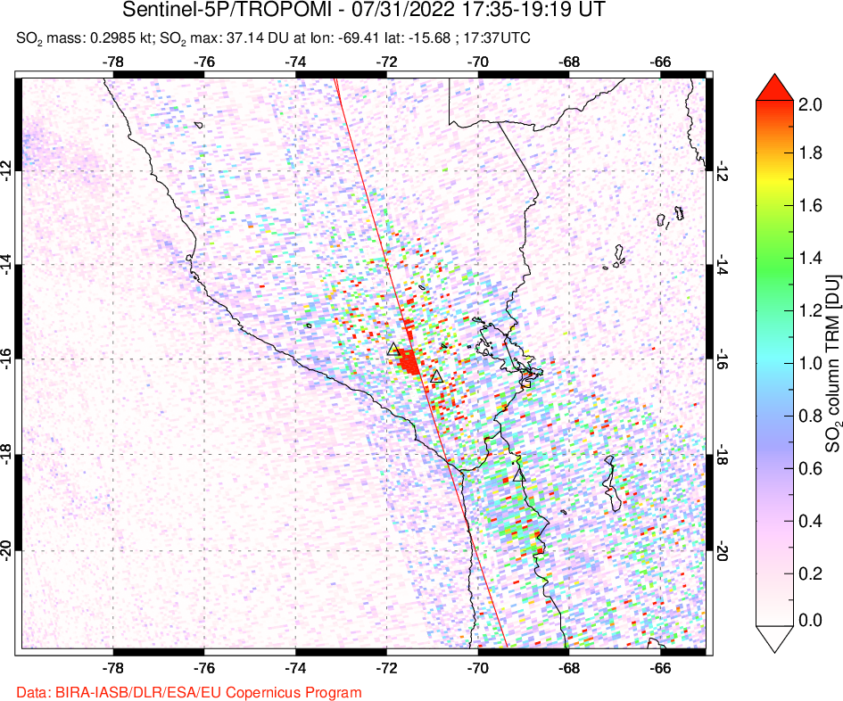 A sulfur dioxide image over Peru on Jul 31, 2022.
