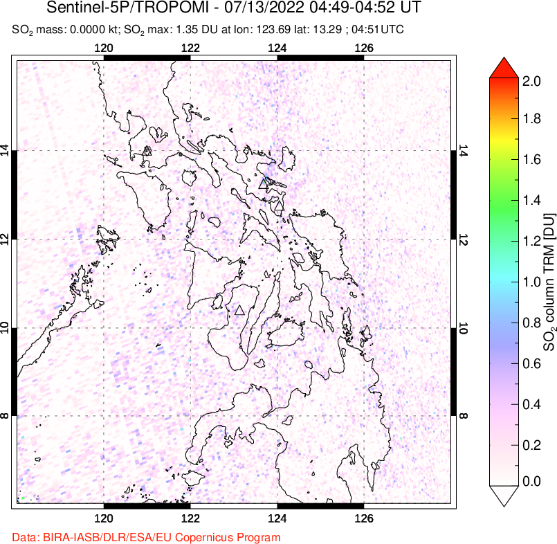 A sulfur dioxide image over Philippines on Jul 13, 2022.