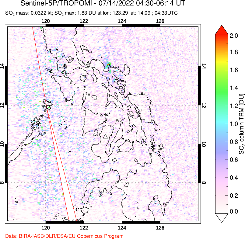 A sulfur dioxide image over Philippines on Jul 14, 2022.