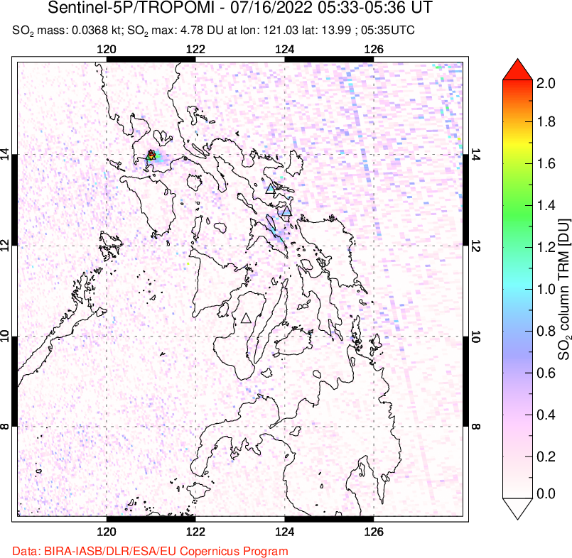 A sulfur dioxide image over Philippines on Jul 16, 2022.