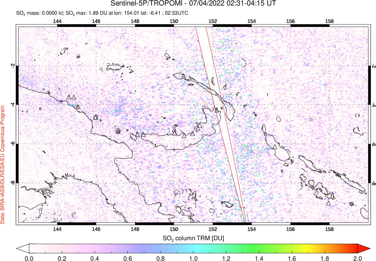 A sulfur dioxide image over Papua, New Guinea on Jul 04, 2022.