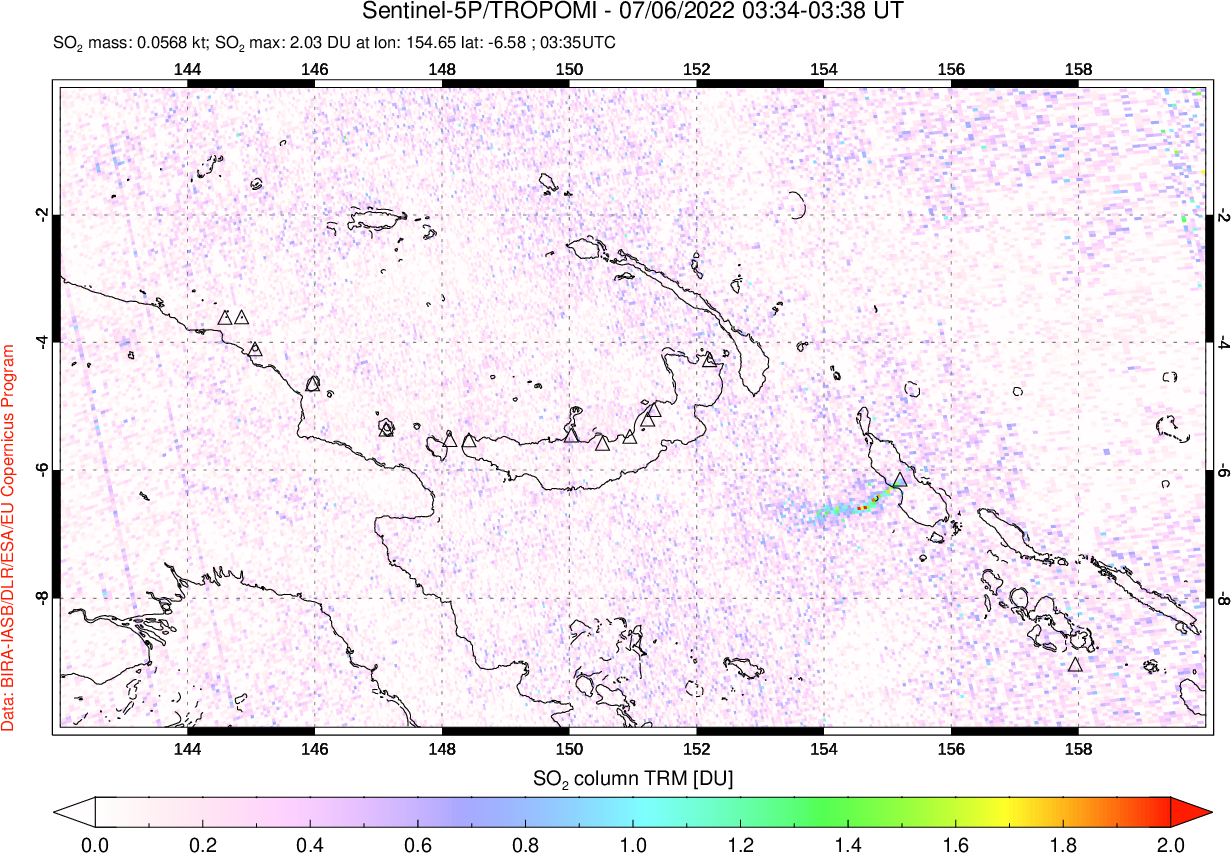 A sulfur dioxide image over Papua, New Guinea on Jul 06, 2022.