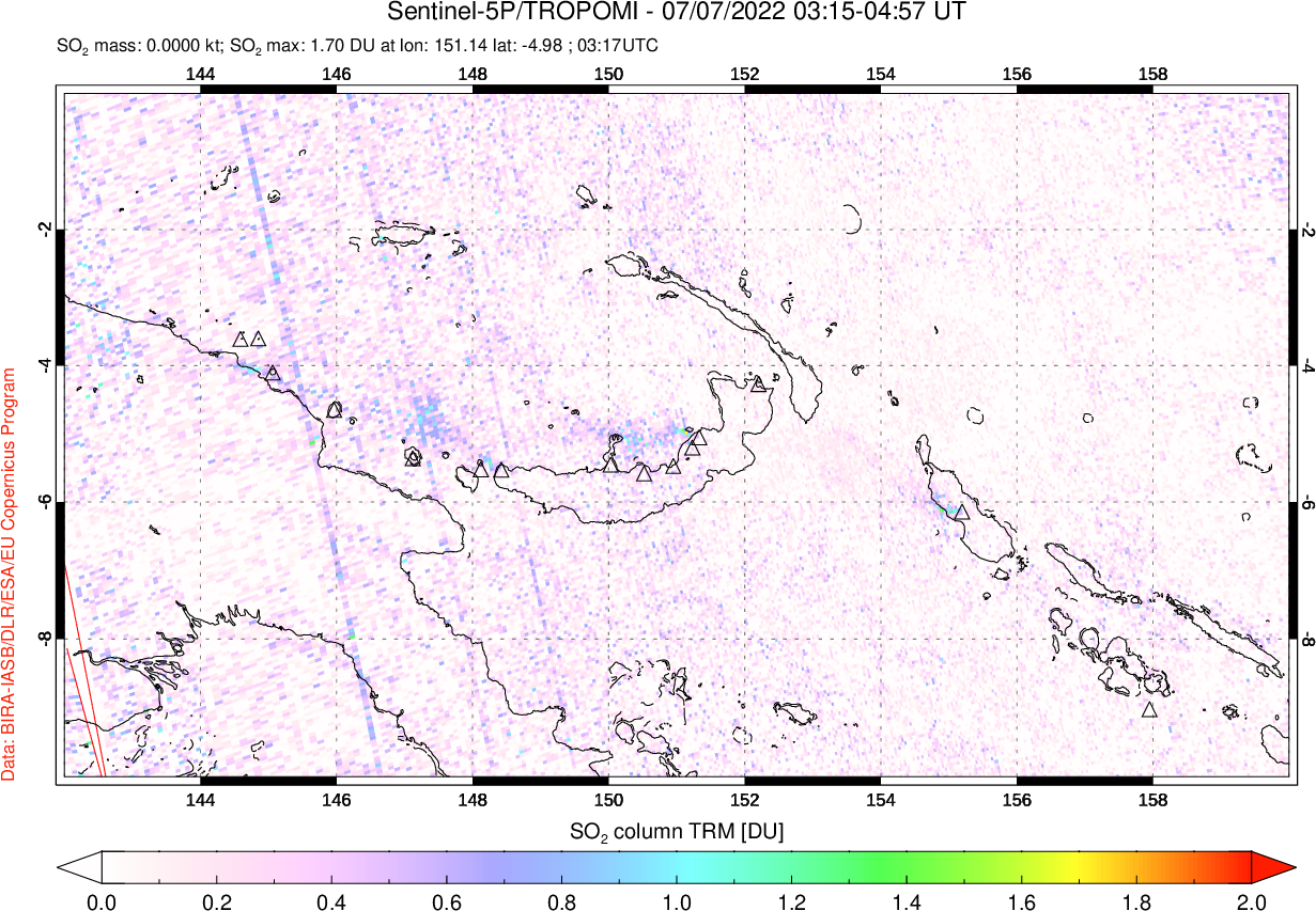 A sulfur dioxide image over Papua, New Guinea on Jul 07, 2022.