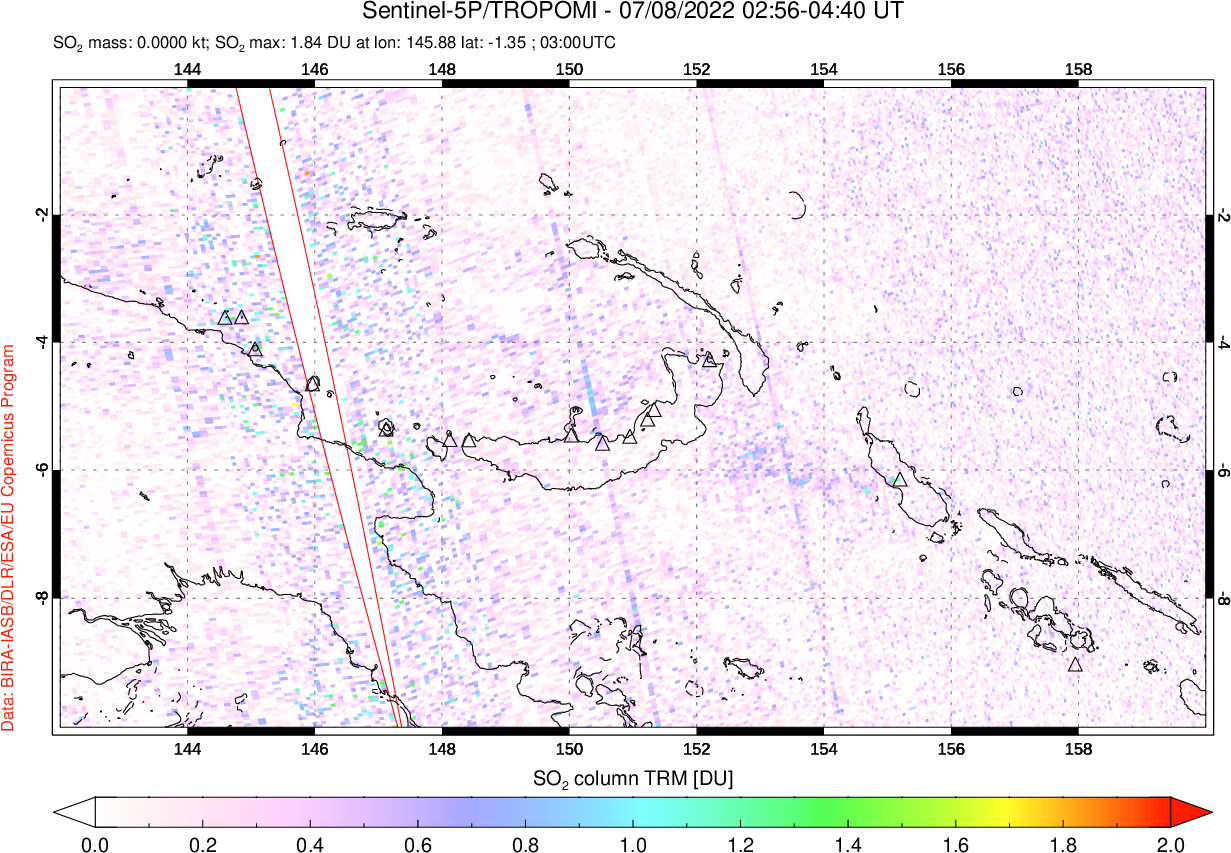 A sulfur dioxide image over Papua, New Guinea on Jul 08, 2022.