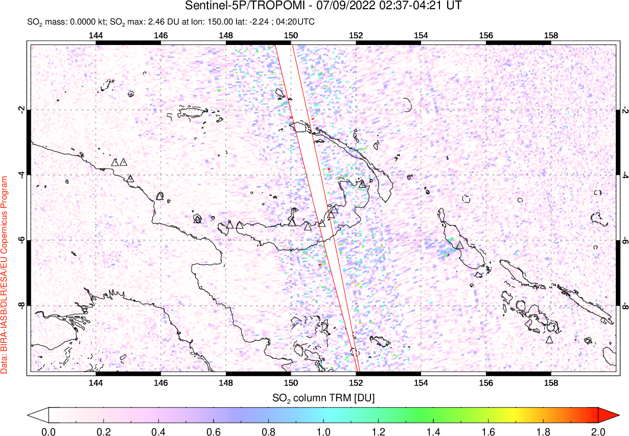 A sulfur dioxide image over Papua, New Guinea on Jul 09, 2022.