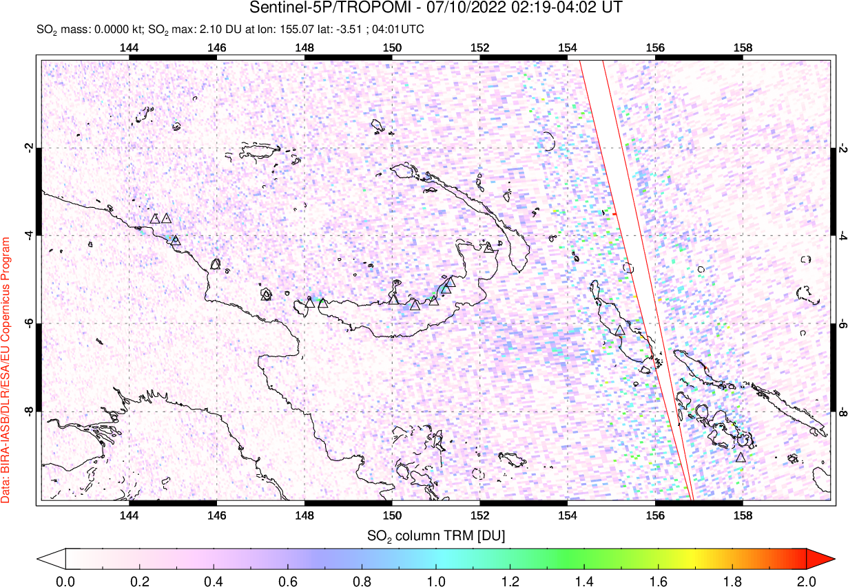 A sulfur dioxide image over Papua, New Guinea on Jul 10, 2022.