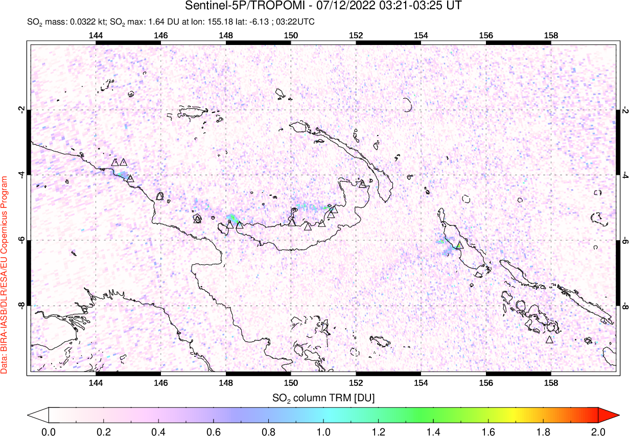 A sulfur dioxide image over Papua, New Guinea on Jul 12, 2022.