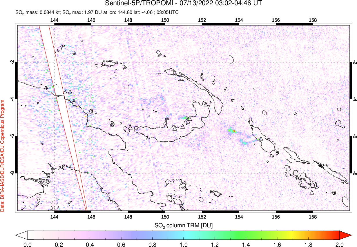 A sulfur dioxide image over Papua, New Guinea on Jul 13, 2022.