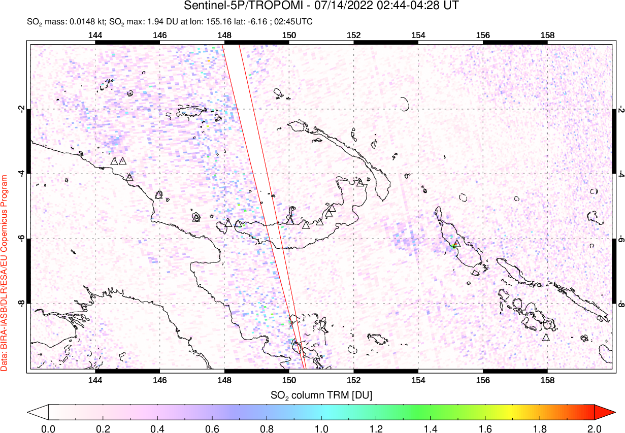 A sulfur dioxide image over Papua, New Guinea on Jul 14, 2022.