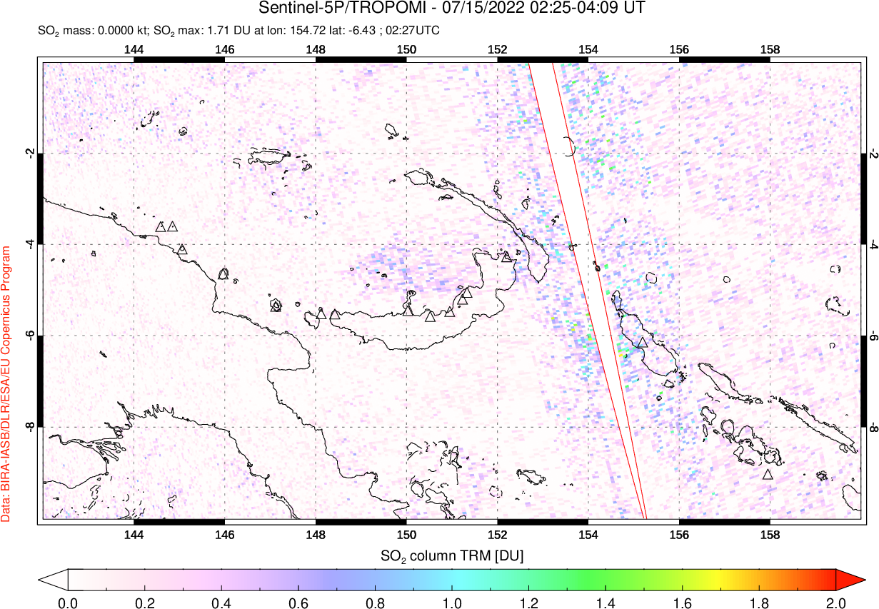 A sulfur dioxide image over Papua, New Guinea on Jul 15, 2022.