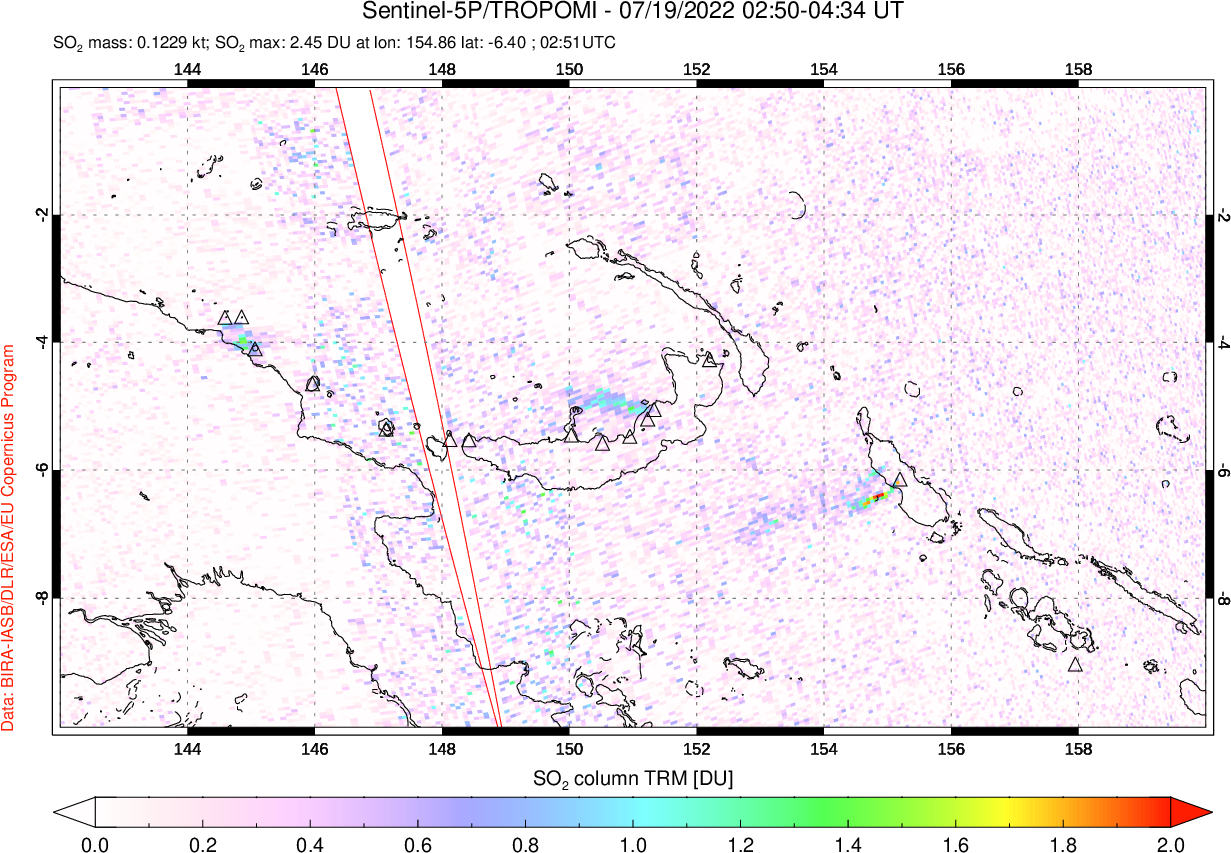A sulfur dioxide image over Papua, New Guinea on Jul 19, 2022.