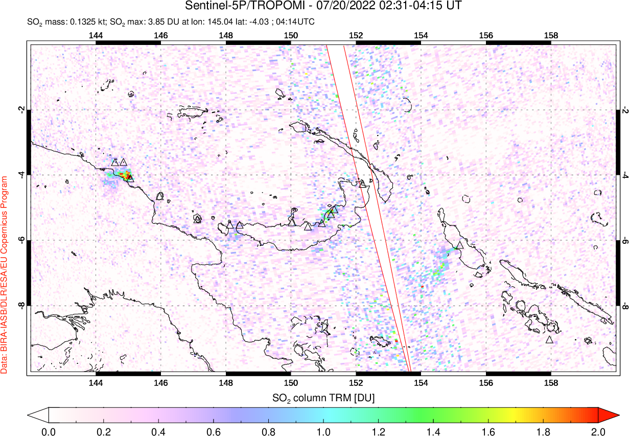 A sulfur dioxide image over Papua, New Guinea on Jul 20, 2022.
